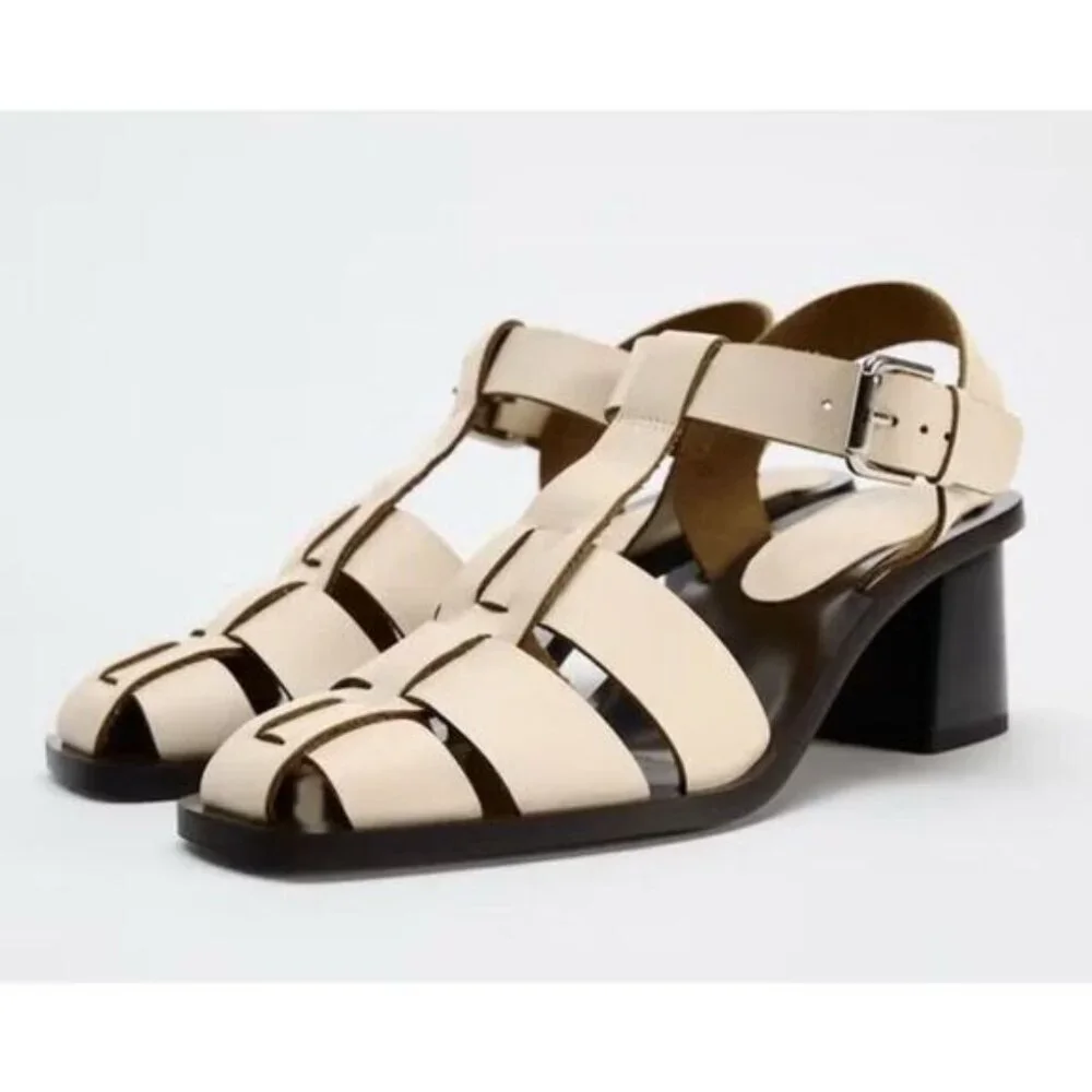 Zara Women's Black and Cream Fisherman Sandals With Heel Size 11 NWT - Picture 1 of 8